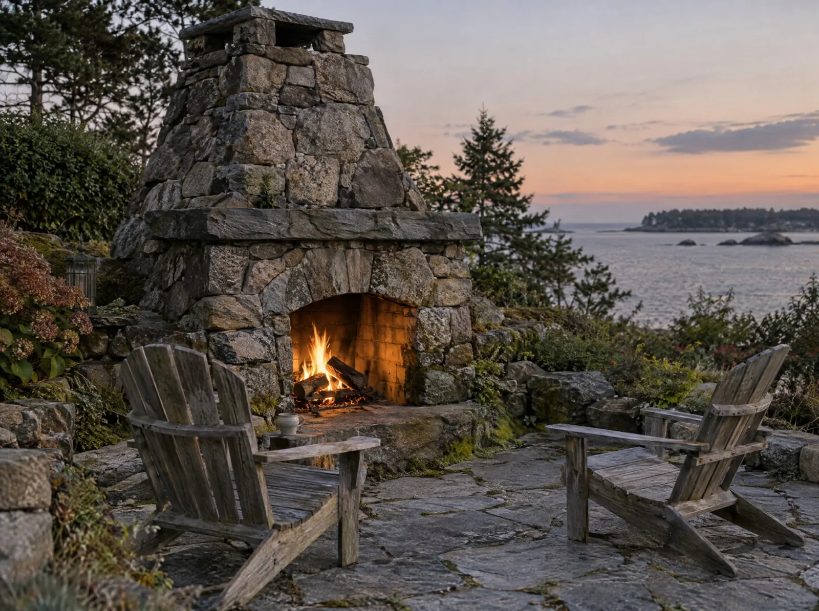 Stone outdoor fireplace burning beside Adirondack chairs at dusk