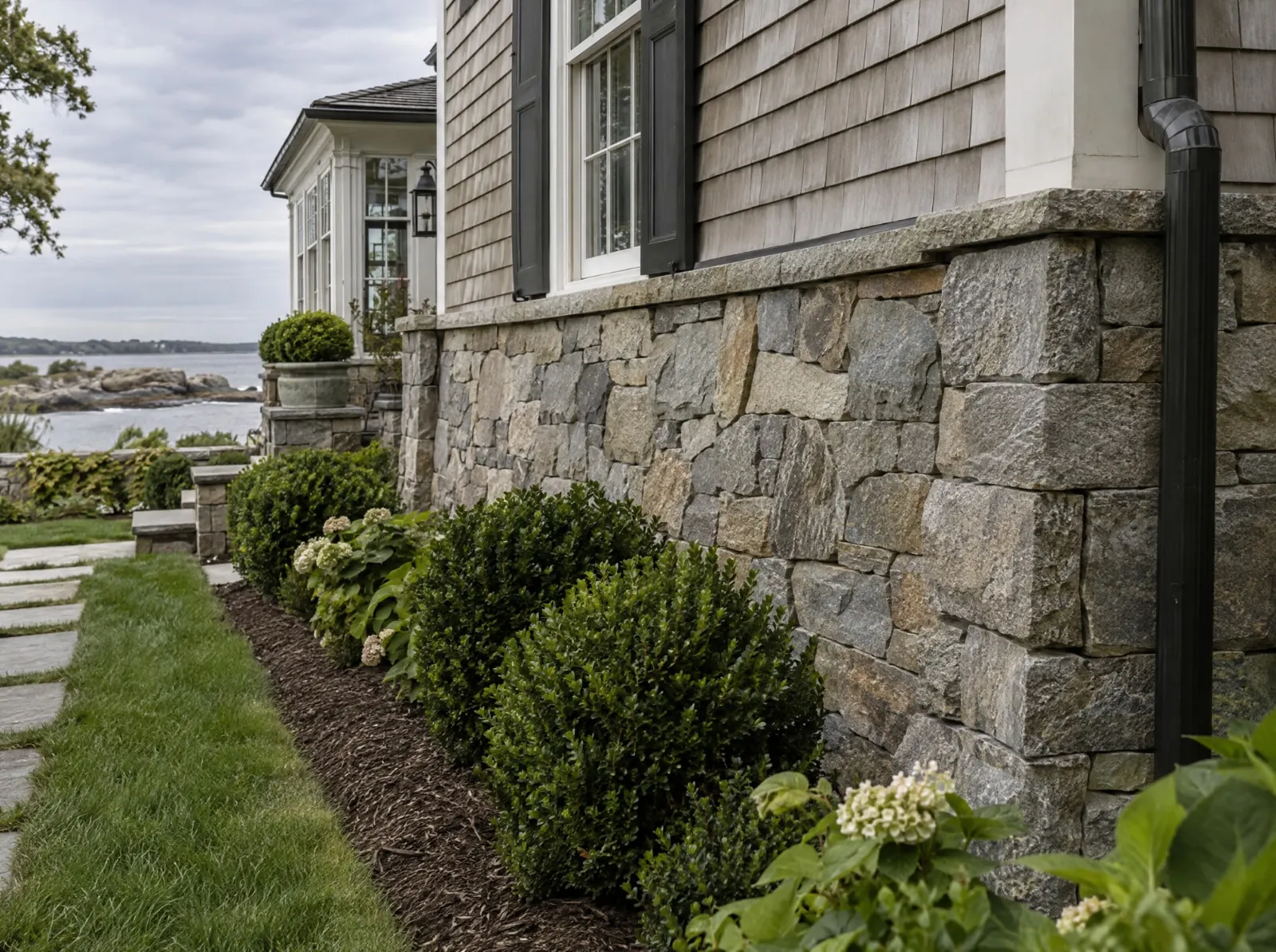 Natural stone veneer on a house exterior