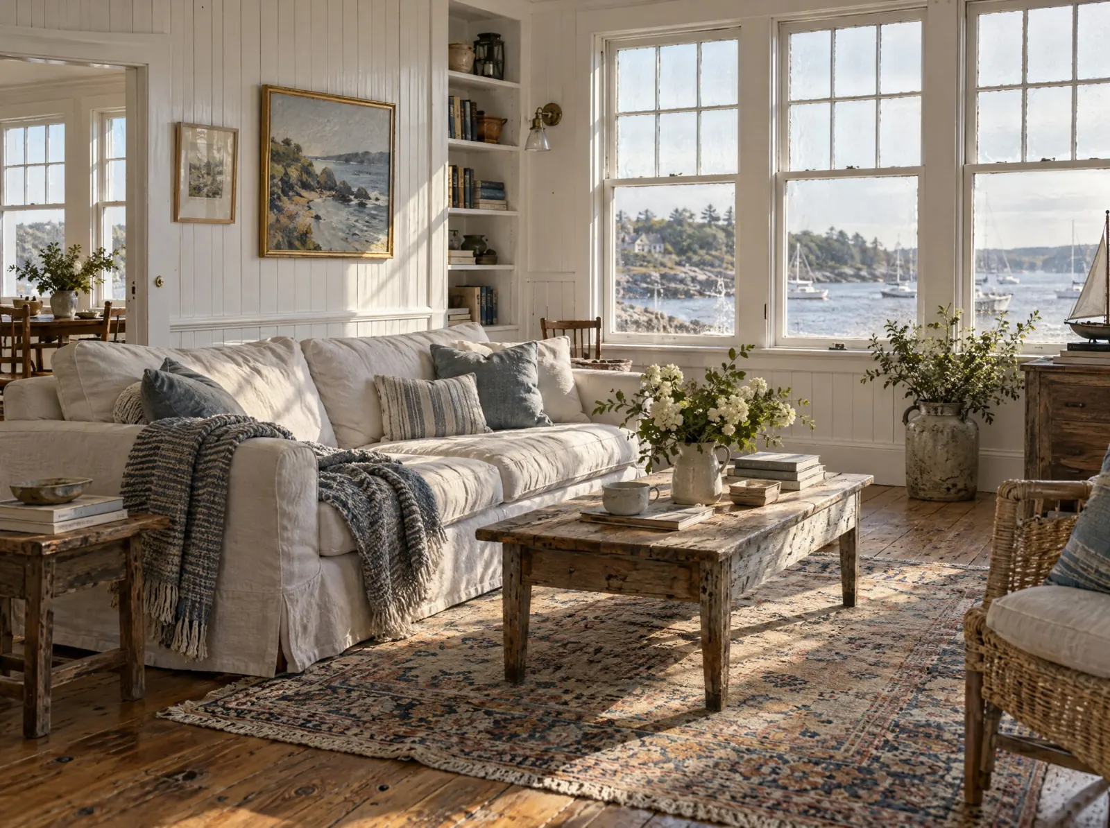 Light-filled living room overlooking the water