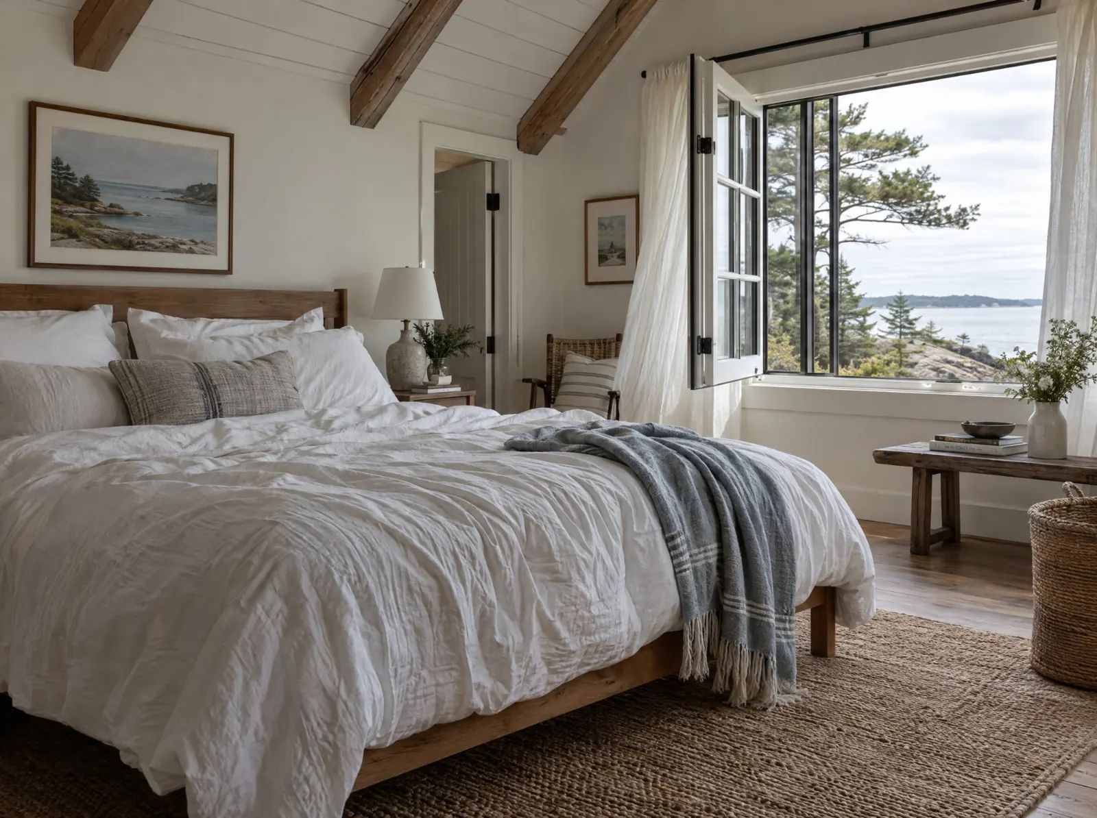 Peaceful bedroom with soft linens and natural light