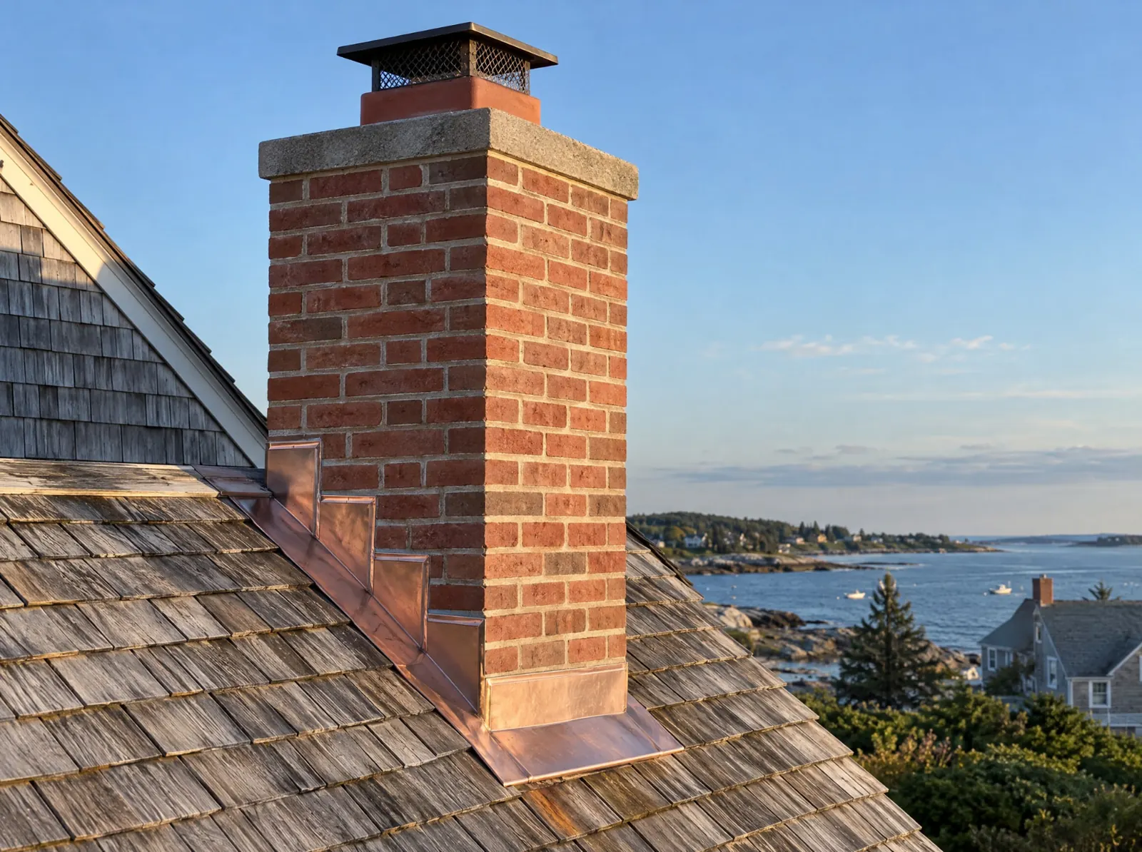 Brick chimney on a shingled roof overlooking the coast