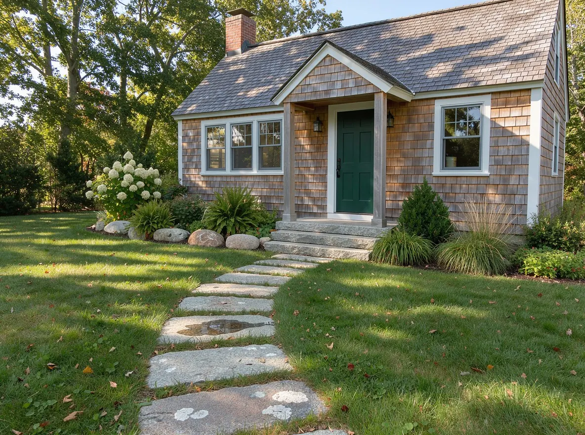 Stone walkway through a landscaped garden