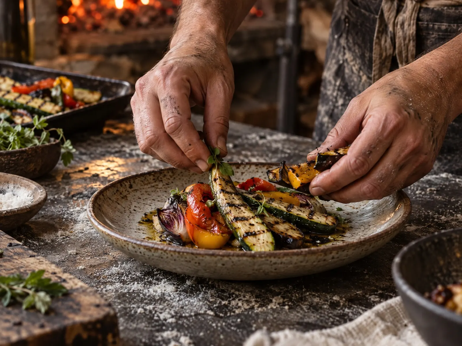 Chef finishing a plate of fire-roasted vegetables beside the hearth