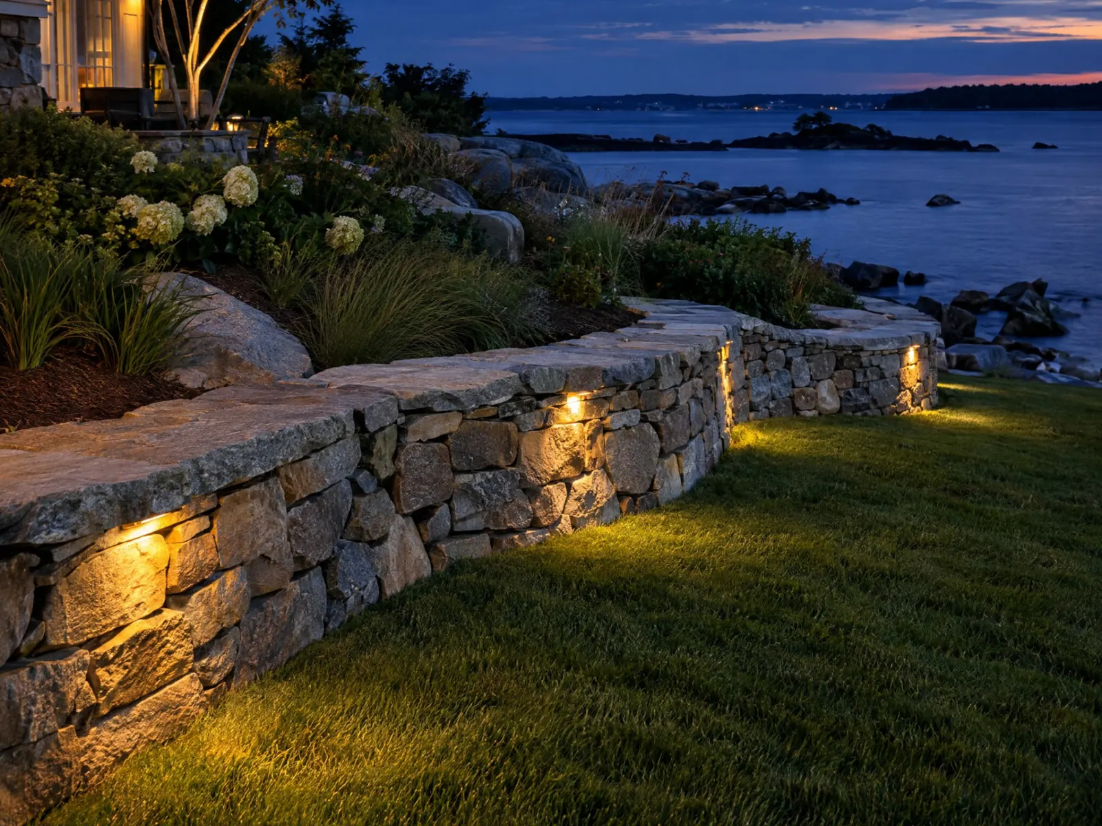 Illuminated hand-laid stone wall beside a coastal home at dusk
