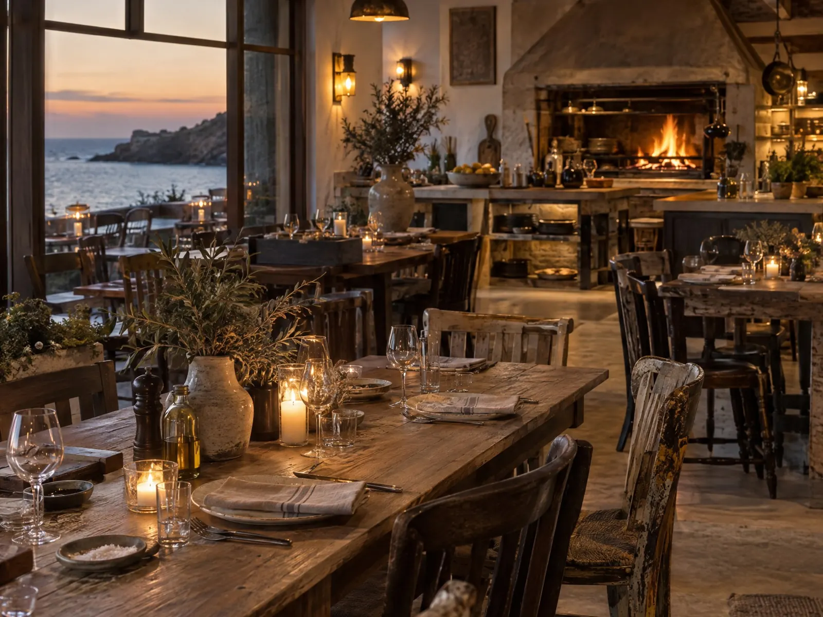 Warmly lit restaurant dining room with long wooden tables